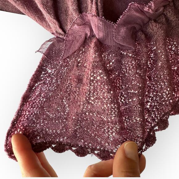 Knitted & Knotted Wool Ruffle Detail 3/4 Sleeve Sweater Top, Size S, Purple - Picture 7 of 13